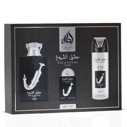 Lattafa Pride Ishq Al Shuyukh Silver Giftset Eau De Parfum 100ml + 20ml + Deodorant 200ml Men Fragnance