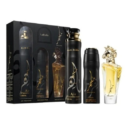 Lattafa Maahir Set - Edp Spray 100ml, Perfumed Spray 200ml, Air Freshener 300ml