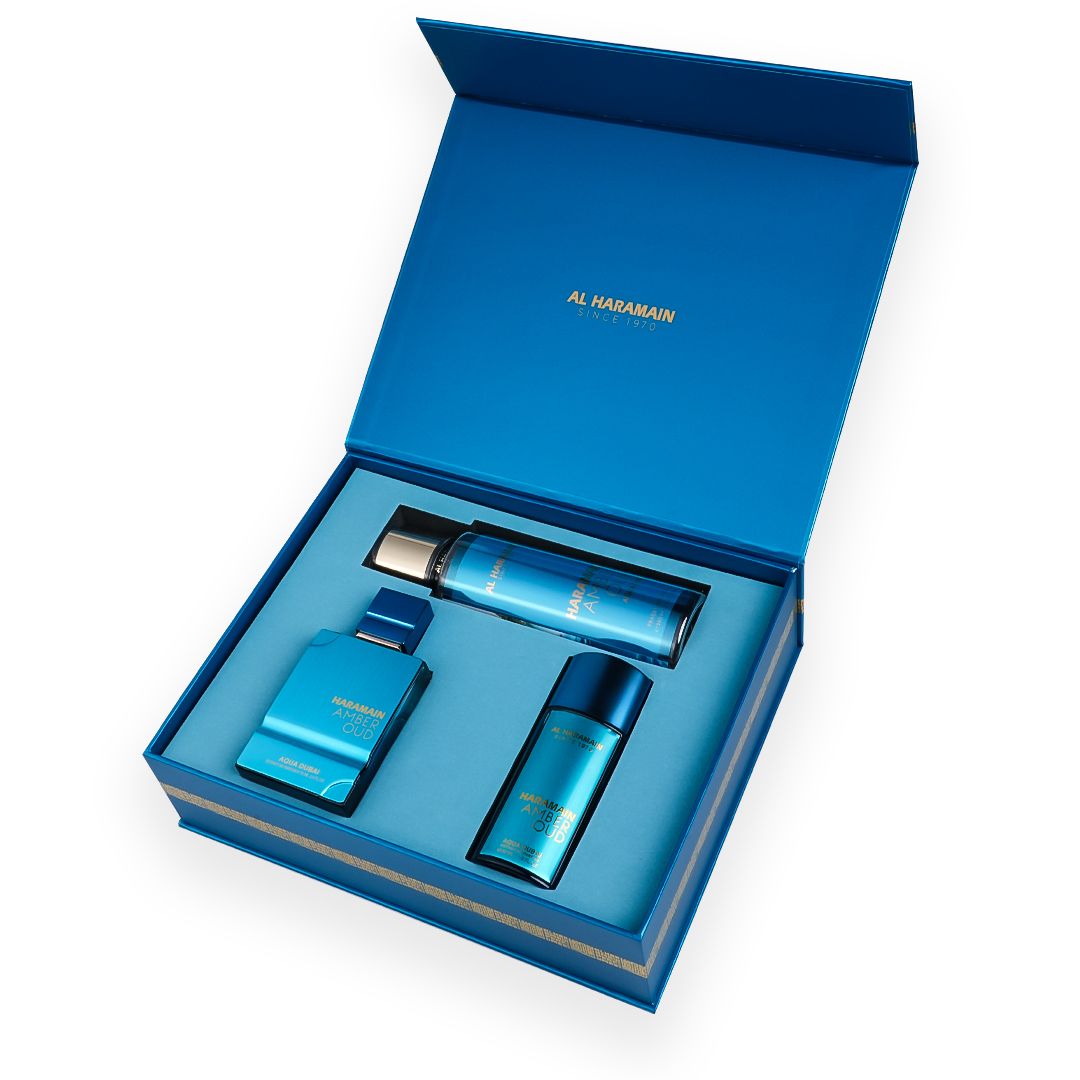 Al Haramain Haramain Amber Oud Aqua Dubai Perfumery Gift Set With 75ml 30ml And Body Mist
